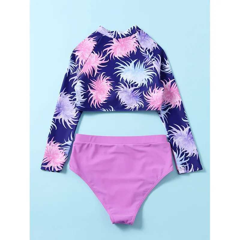 Girls High Waist Bikini Sets with Long Sleeve Crop Tops Kids Swimsuit 7-12 Years Childrens Swimwear 2024 Teenage Bathing SuitXJ250214