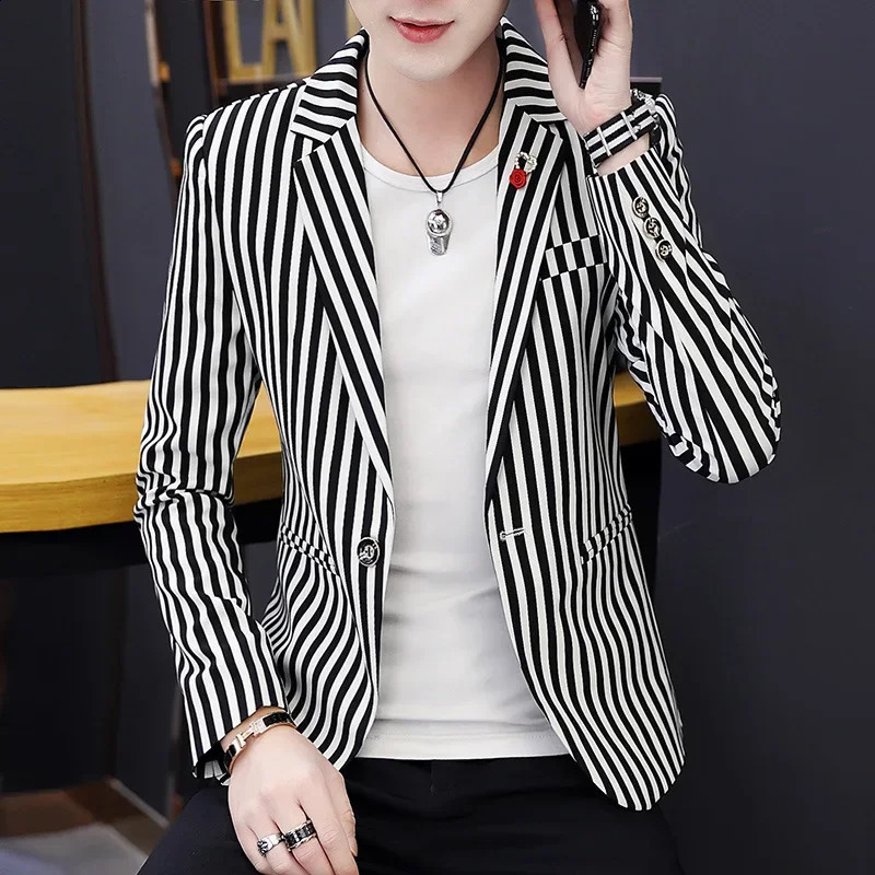 Mens Blazer Jacket Suit Male Casual Korean Style Trendy Slim Striped Student Small Hair Stylist Single Top 250214