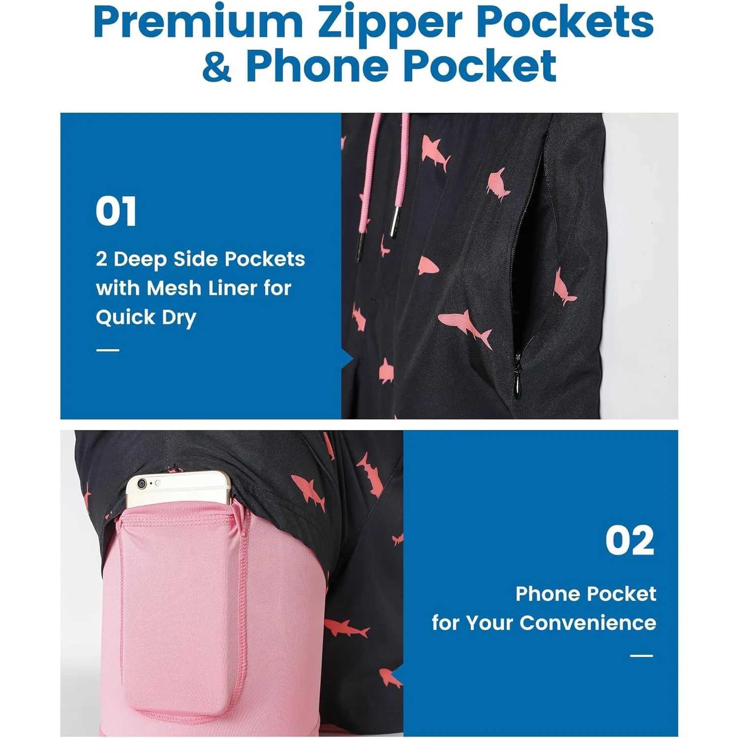 Mens Swim Trunks with Compression Liner 5 Stretch Beach Shorts Quick Dry with Zipper Pockets No-Chafing Board Shorts W250215