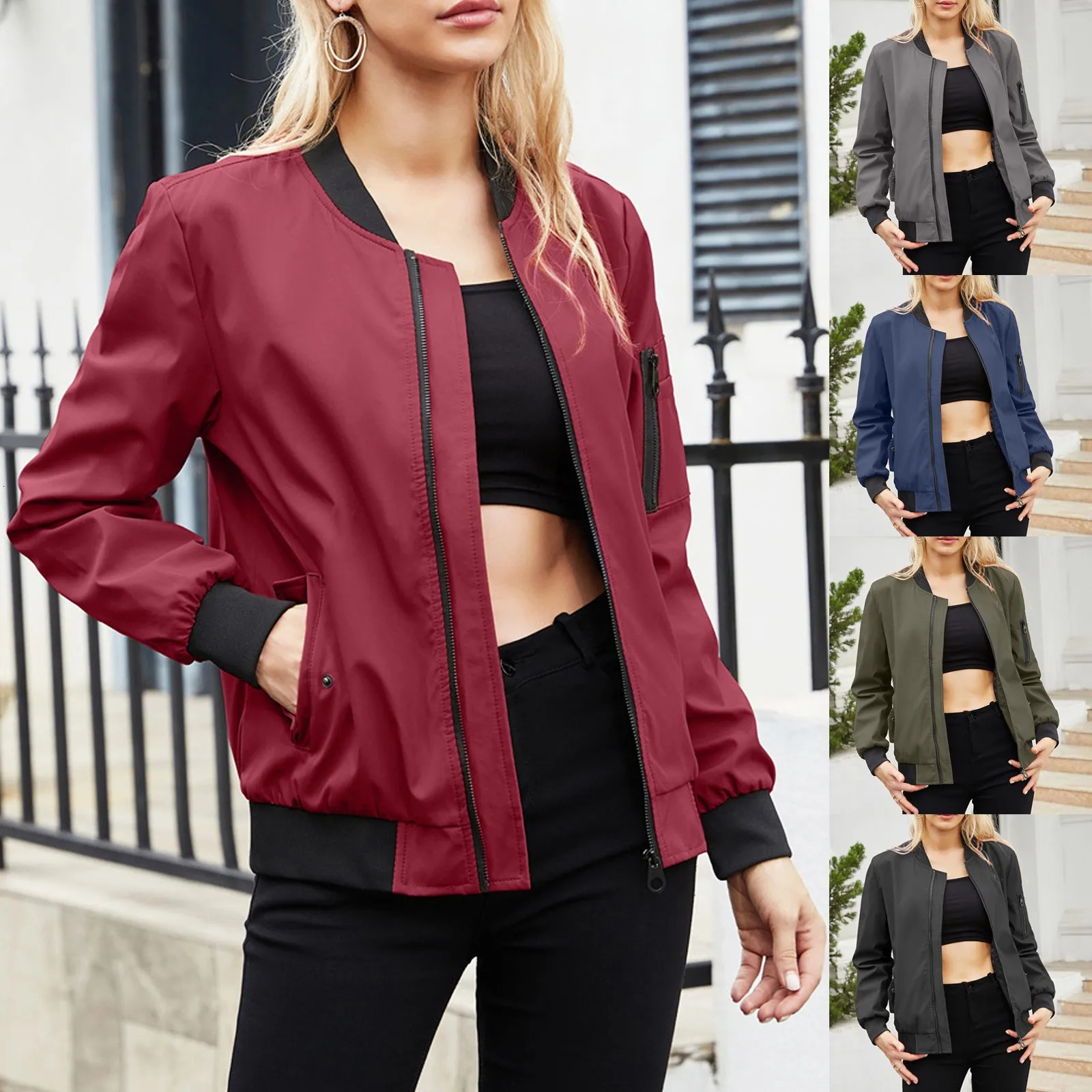 Womens Fashin Bomber Jacket With Pockets Solid Zippered Long Sleeve Tops Windproof Streetwear Chic Female Outerwear 250211