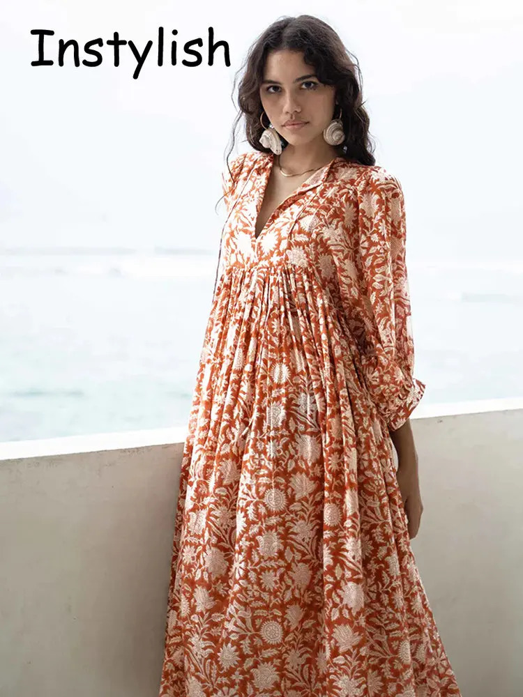 Womens Spring/Summer Printed Maxi Dress Elegant Bohemian Harajuku Loose Sundress Casual Beach Party Dress y2k Vestdos 250213