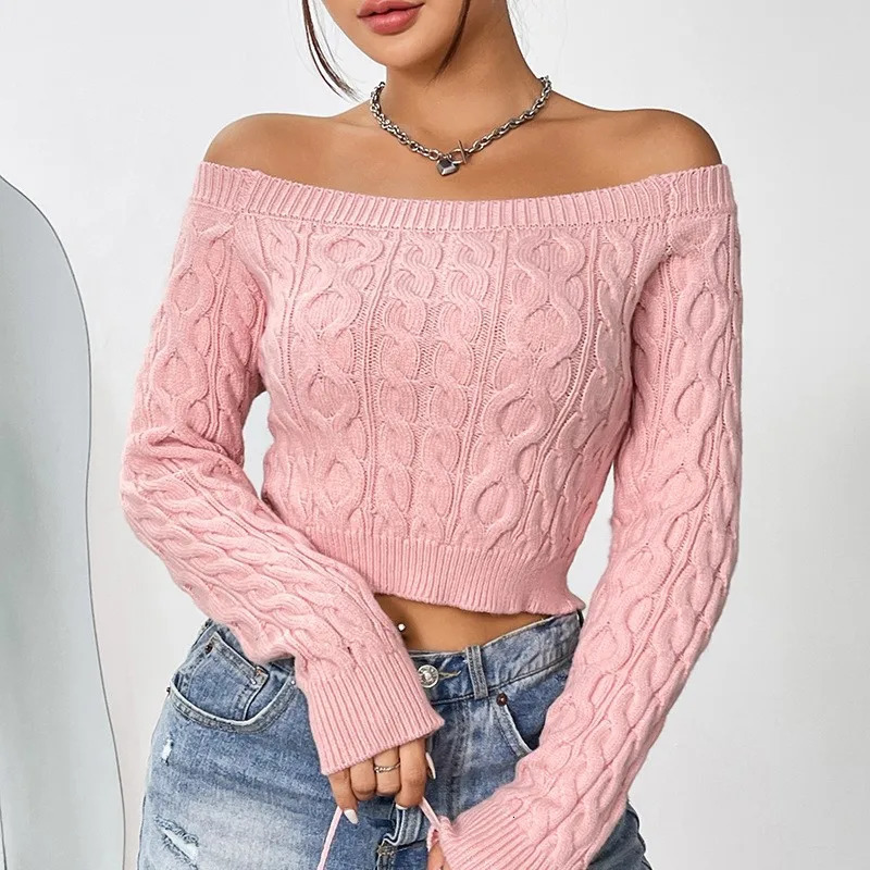 Autumn Womens Knitted Sweater Solid Color Sexy Short Style Autumn/Winter One Piece Neck Off Shoulder Knitted Sweater 250210
