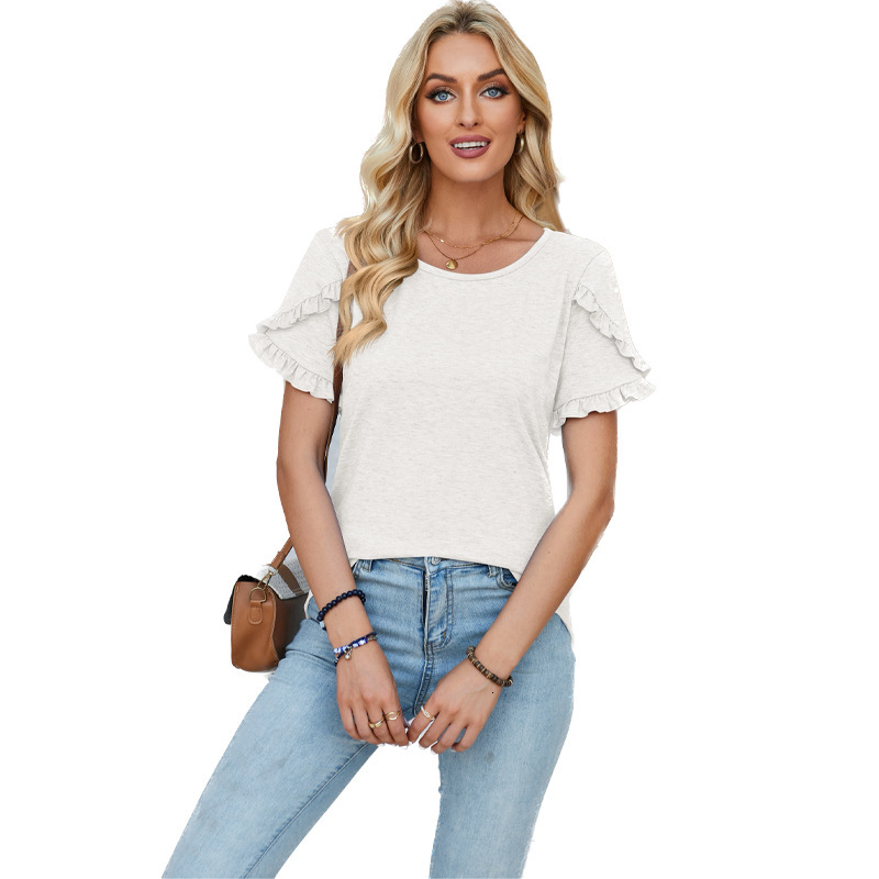 Designer 2025 Spring/summer New Round Neck Petal Sleeve Splicing Solid Color T-shirt Loose Top
