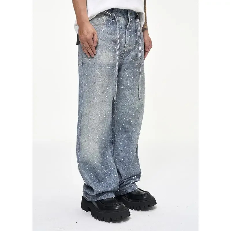 Tung Sung Full Diamond Printing Belt Wash Casual Loose Straight Jeans Hip Hop Y2k Mens 250214