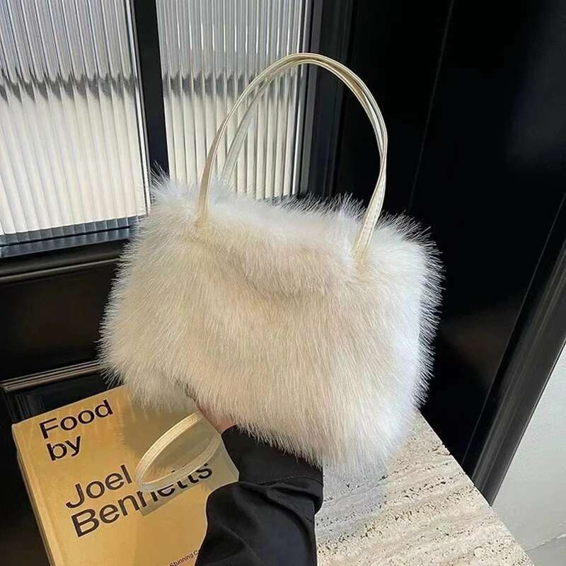 ISKYBOB Women's Imitation Fox Fur Handbags Plush Tote Fashion Fluffy Shoulder Bag Solid Color Winter Soft Crossbody Bags