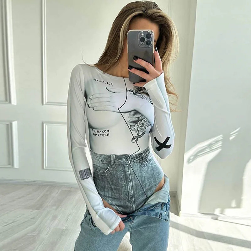 Apprabant Street Style Double Printed Denim Patchwork Bodysuits Fashionable Slim Fit Round Neck Long Sleeved Versatile Bodysuit 250213