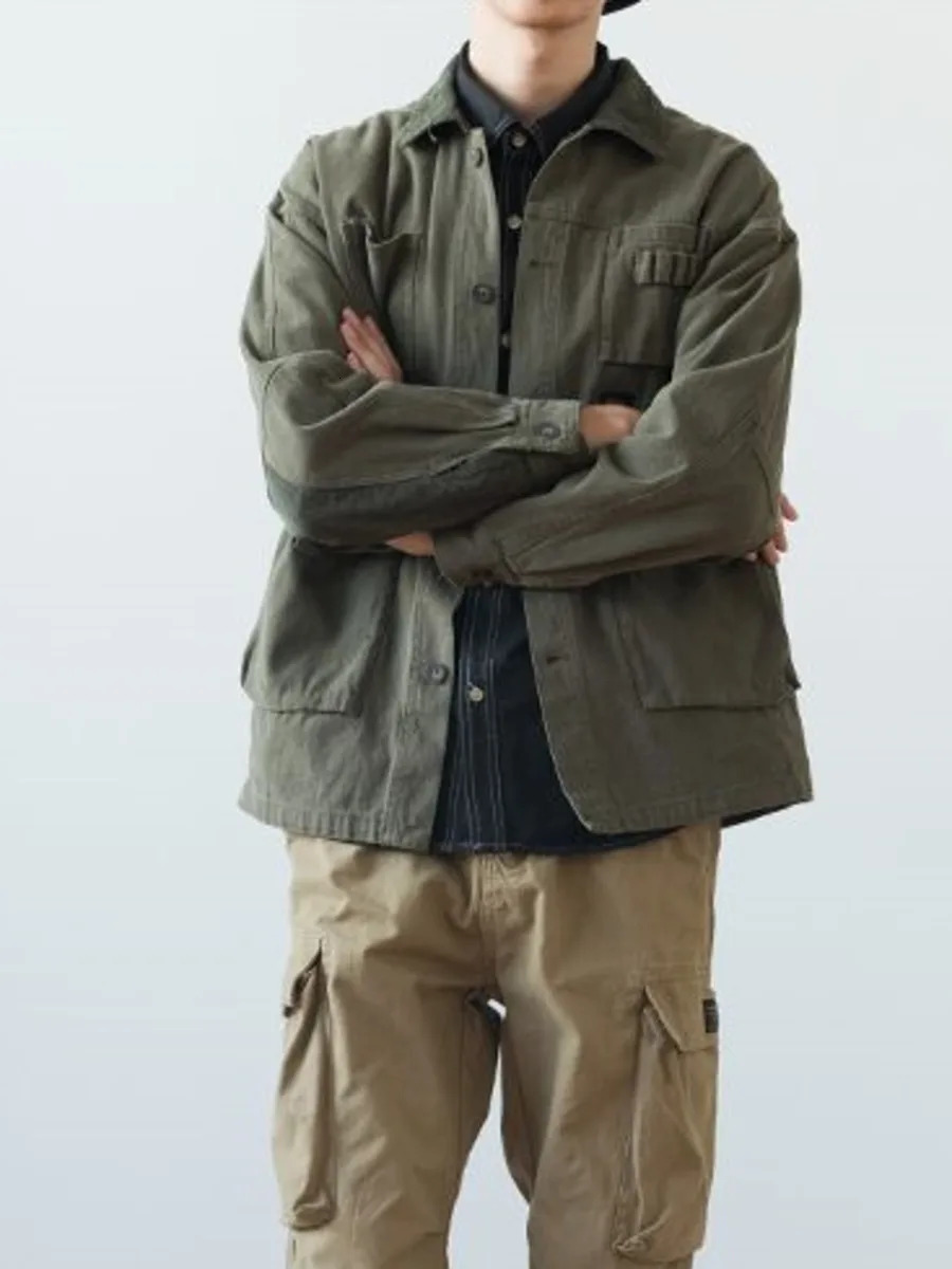 Vintage Army Green Cargo Denim Jacket Men Women Spring Autumn Clothing Harajuku Coat Korean Fashion Military Casual Workwear 250212