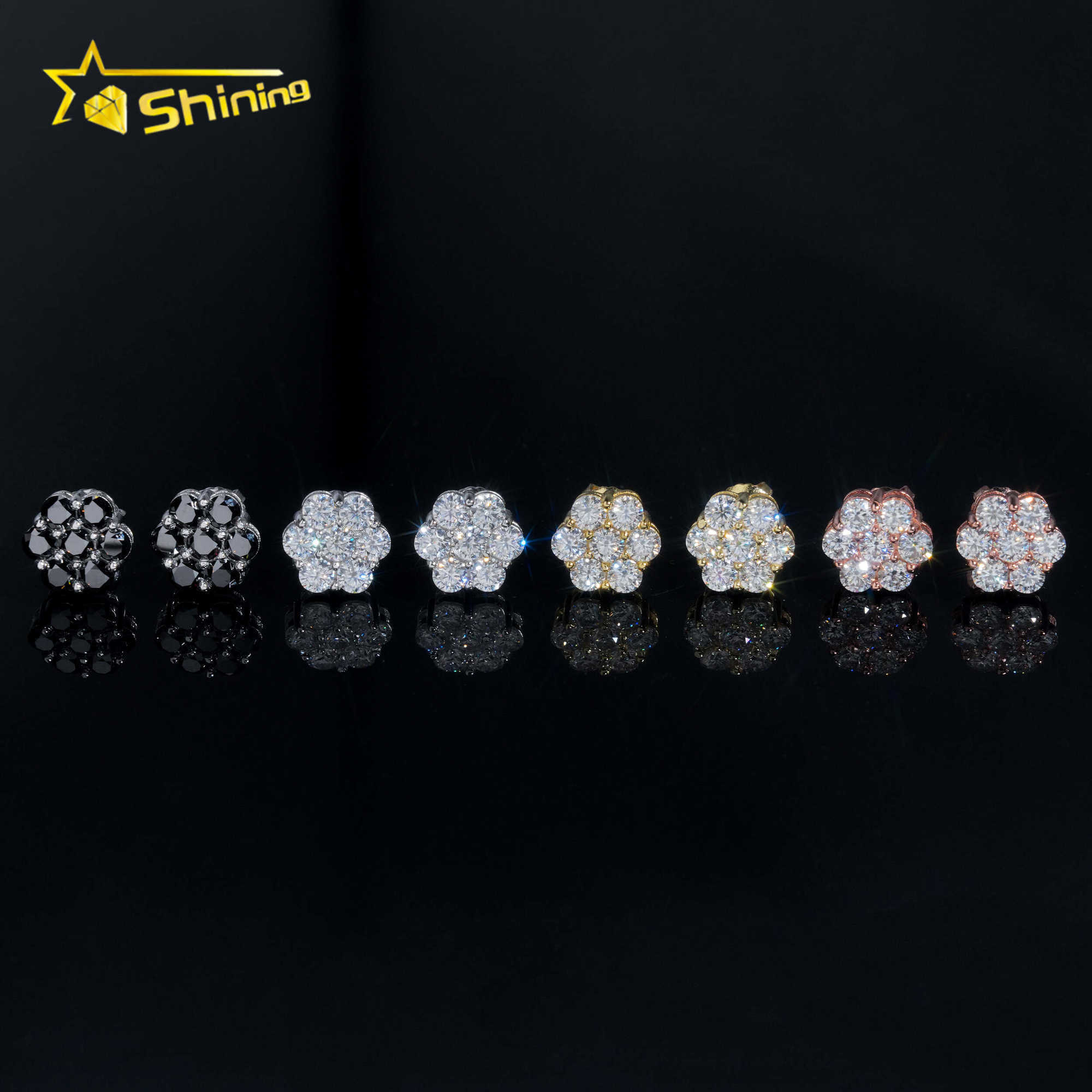 RTS Men Hip Hop Jewelry 925 Sterling Silver White Black 8mm Cluster Flower Moissanite Stud Earrings With GRA Certificate