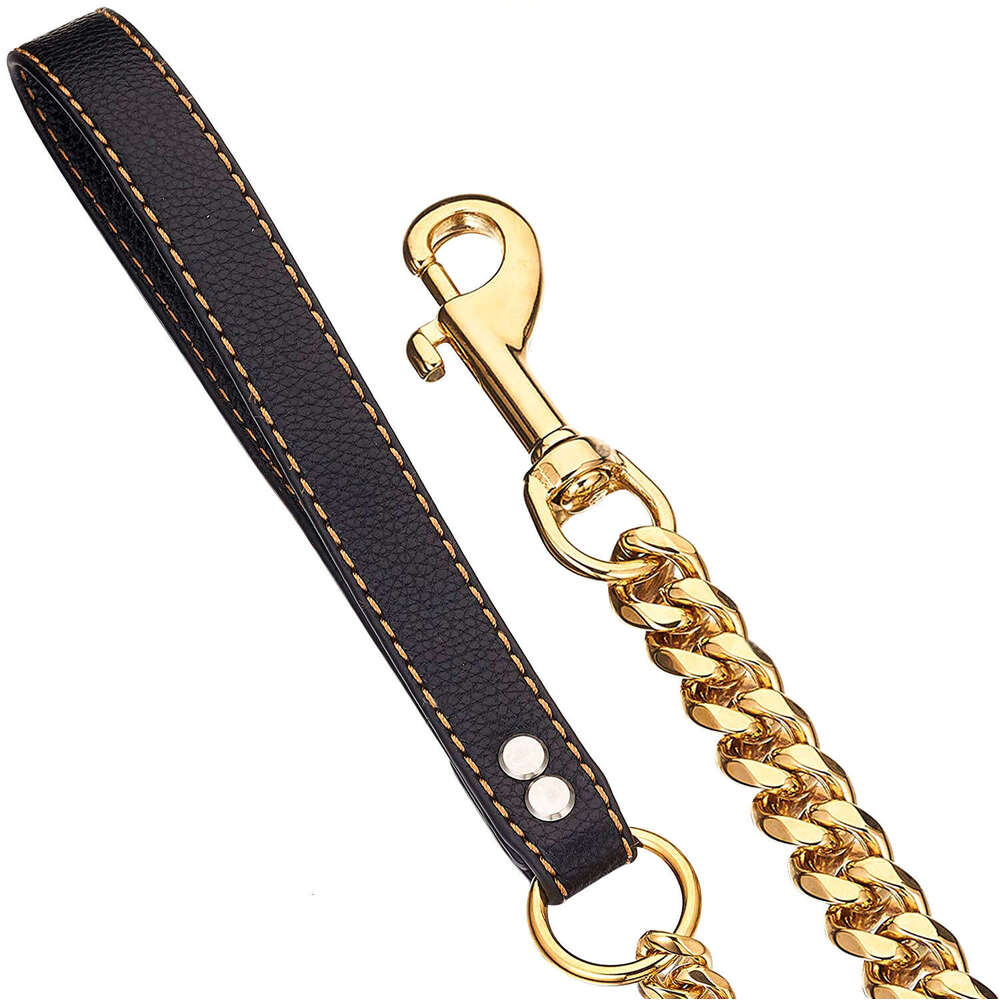15mm stainless steel dog chain in steel/gold color, comfortable for non gripping dogs and pet supplies, black leather single six traction rope