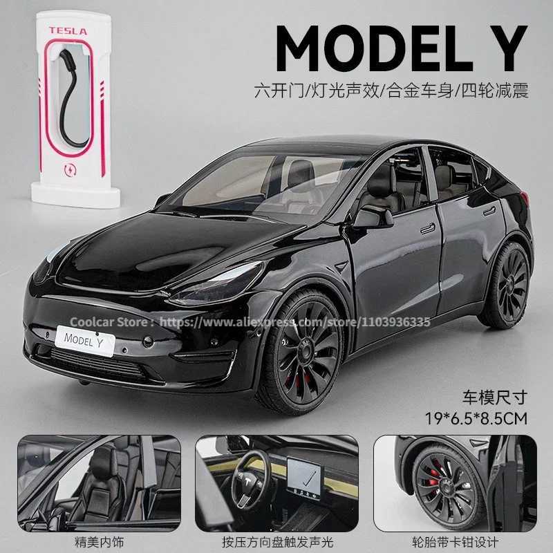 All 1 24 TESLA MODEL Y Model 3 With Charging Pile Alloy Diecast Metal Toy Car Model Sound and Light Childrens Collectibles GiftT250215