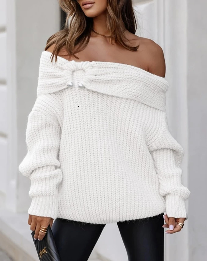 Fashion sweaters woman yarn chompas for women Off Shoulder Ruched Over Sized Knit Sexy Sweater womens jumper 250210