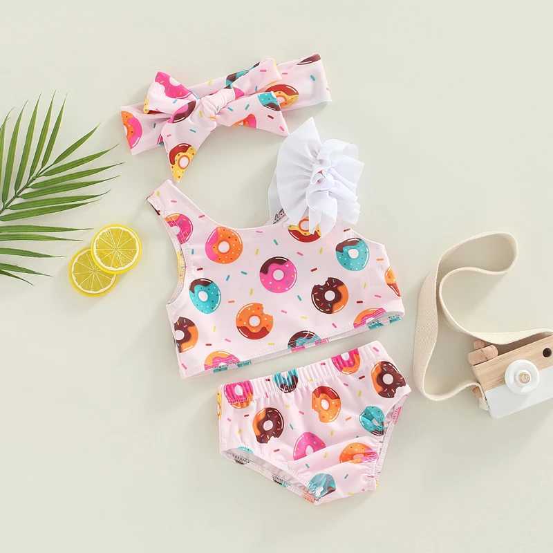 Yiiciovy 0-3 Years Newborn Infant Baby Girl Swimwear Doughnut Print Asymmetric Strappy Bikini Sets + Headbands Swimsuit Set 2023XJ250214