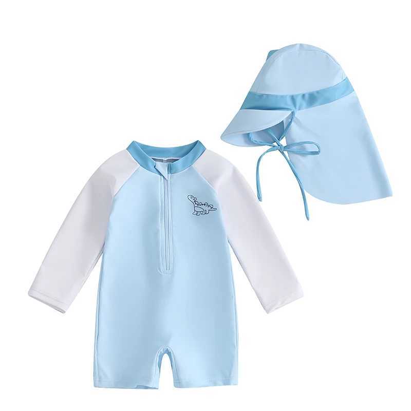 0-3T Newborn Toddler Boys Rash Guard Swimsuit Contrast Color Dinosaur Print Long Sleeve Mock Neck Zip Bathing Suit with HatXJ250214