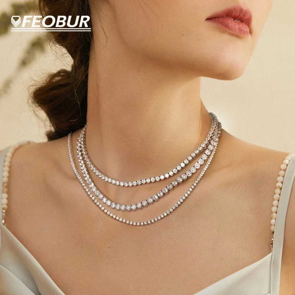 FEOBUR Certified 3/4/5mm Moissanite Tennis Necklace for Women Man S925 Sterling Silver 3Claw Lab Diamond Hiphop Chains Jewelry
