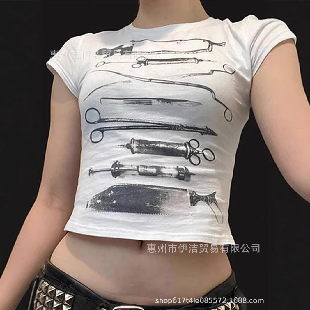 Designer's American Abstract Printed Round Neck Short Sleeved T-shirt For Summer 2025, Fashionable And Sexy Women's Style, INS Exposed Navel
