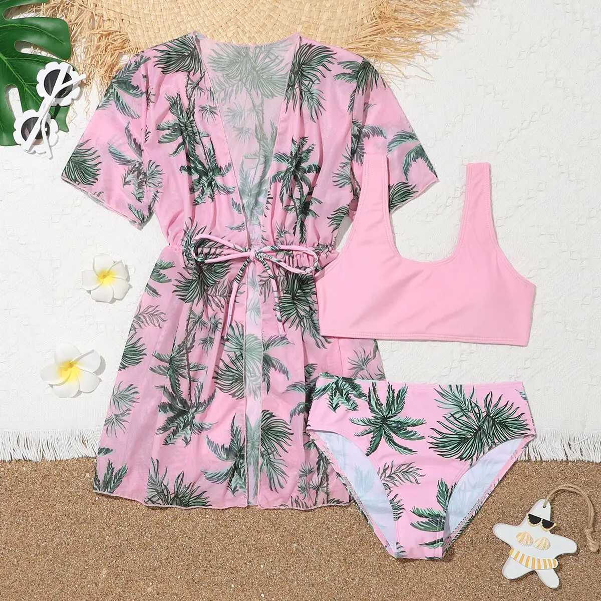 Girls 3pack Palm Tree Print Pink Bikini Kids Swimsuit Kimono 7-12 Years Three Pieces Childrens Swimwear Cover Up Bathing SuitsXJ250214