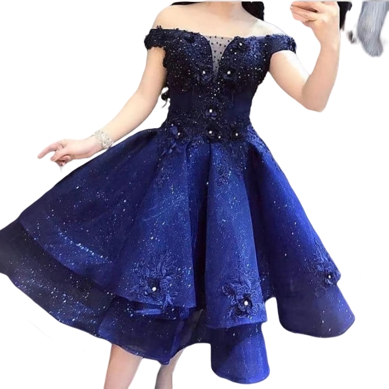 Knee Length Royal Blue A-line Prom Dresses Off Shoulder Homecoming Dress 3D Floral Appliques Beaded Tiered Short Graduation Gown 2025 Special Occasion