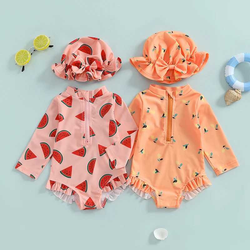 Toddler Girl Rash Guard Swimsuit Lemon/Watermelon Print Long Sleeve Mock Neck Zipper Bathing Suit with Hat SetXJ250214