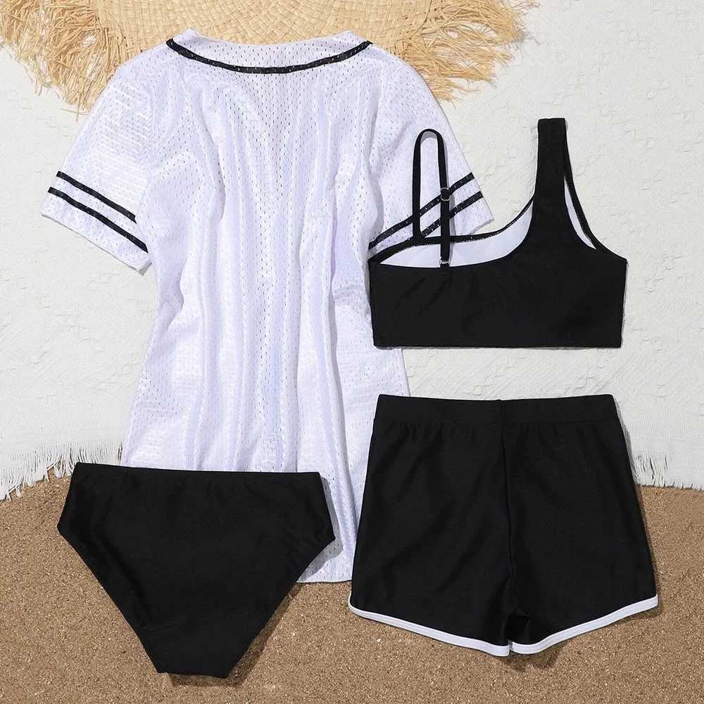 Girls 4pack Letter Print Bikini Sets with Shorts Mesh White Cover Ups Swimsuit 8-12 Years Childrens Swimwear Sport Bathing SuitXJ250214