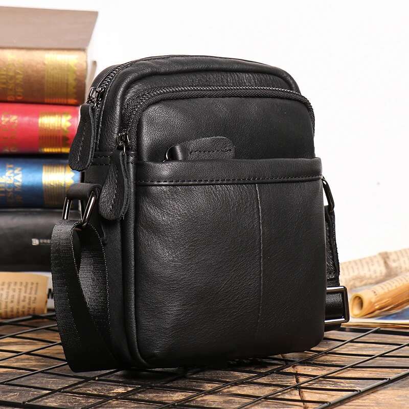 Leathfocus Men's Leather Shoulder Vintage Simple Vertical Phone Cowhide Sg Satchel 7.9-Inch Ipad Bag