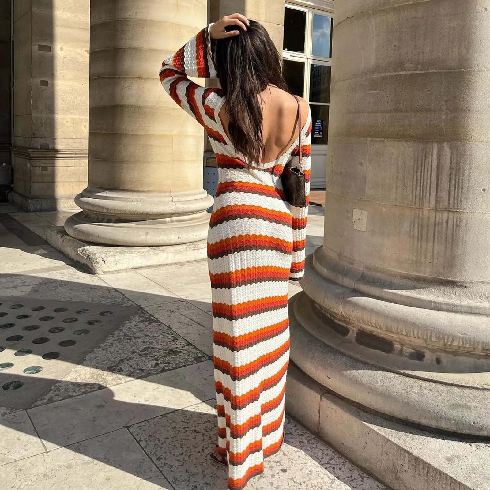 Knitted Hollow Out Dress Womens Striped Print Contrast Color Beach Vacation Long female sexy backless Maxi Vestidos 250214