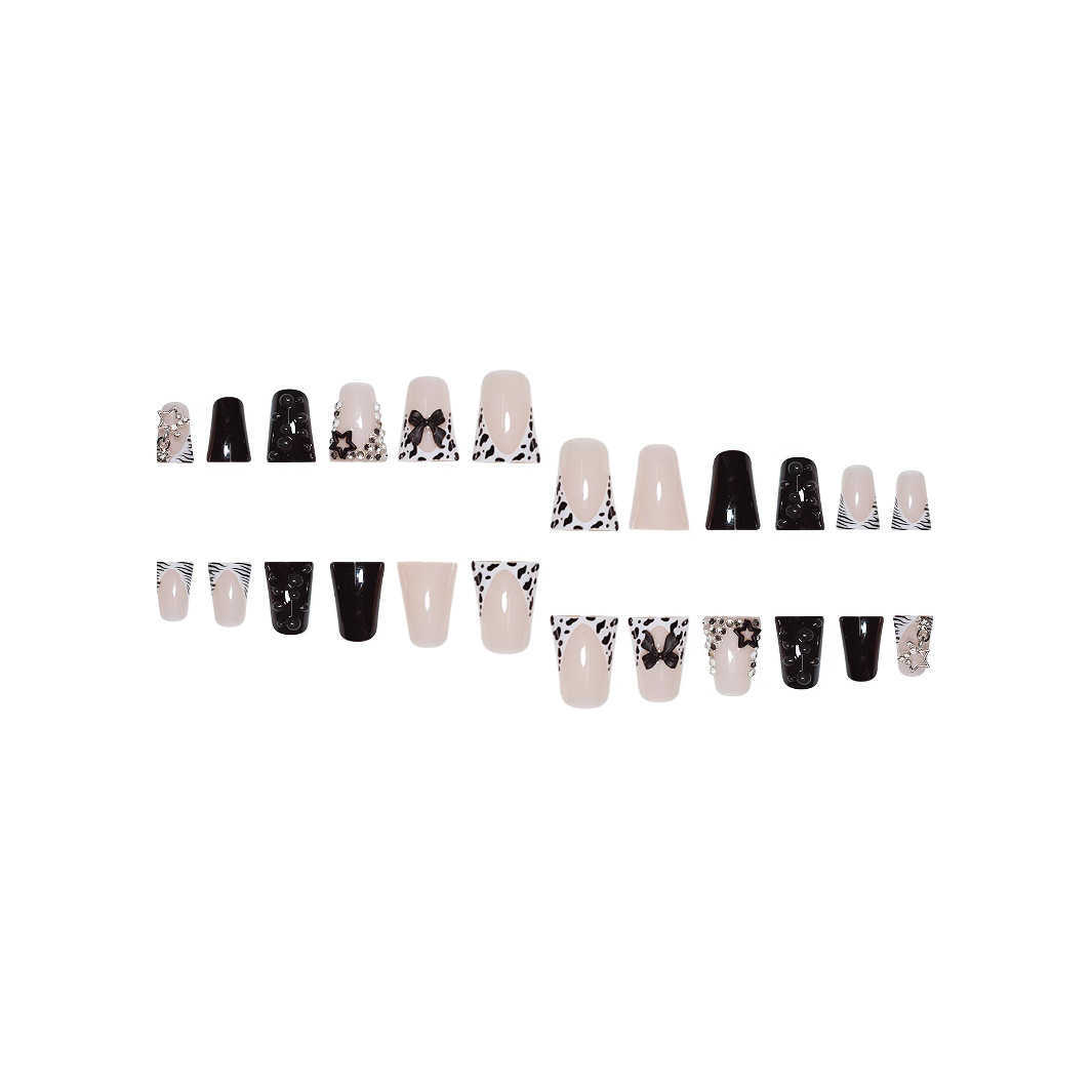 False Nails Hot selling duck billed model with sweet and cool style cute stars pure desire black bow cow pattern 3D three-dimensional nail plate H2521