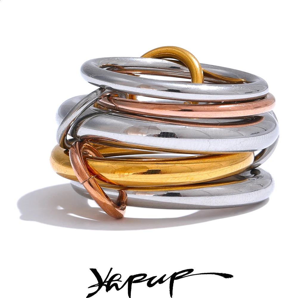 Yhpup Stainless Steel 3 Colors 5 Links Stacked Rings PVD Real Gold Plated Jewelry 250213