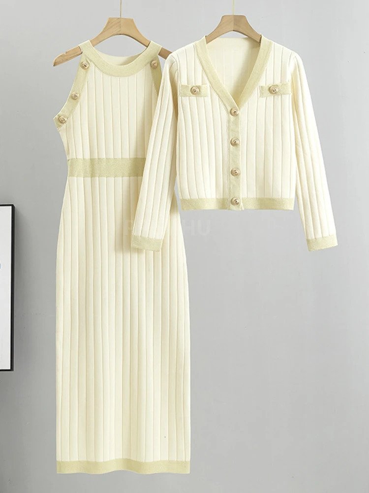 Knit Bodycon Dresses 2 Piece Sets Women V-neck Short Sweater Cardigan Set Korean Chic Sexy Slim Tank Maxi Dresses Outfits 250210
