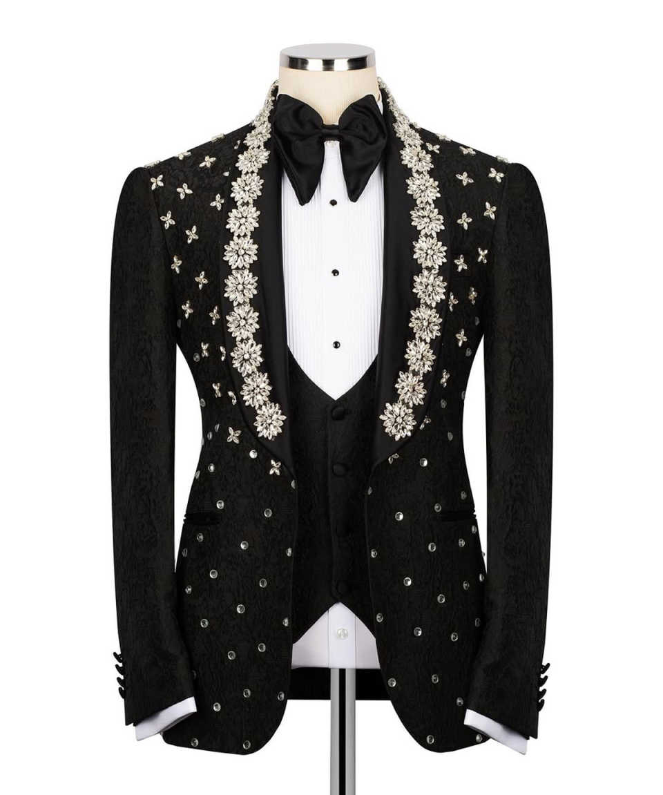 Noble Wedding Tuxedos Rhinestone Beaded Men Suits Shawl Lapel 3 Piece Set Jacket Vest Pants Handsome Groom Blazers Customized