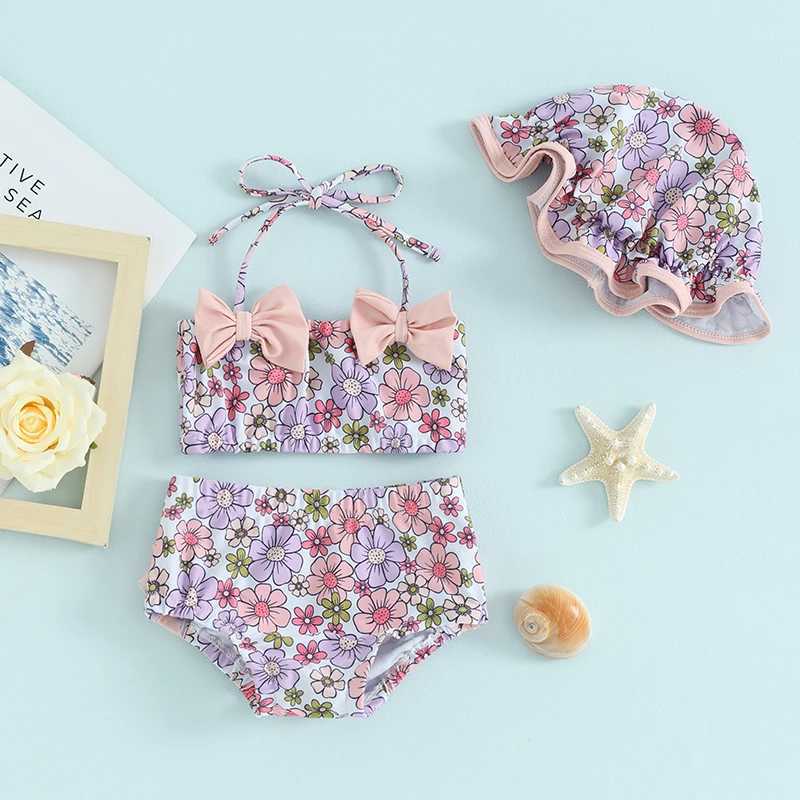 0-18M Baby Girls Summer Bikini 3 Pcs Set Floral Print Bow Halter Crop Tops with Shorts and Swimming Hat SwimsuitXJ250214