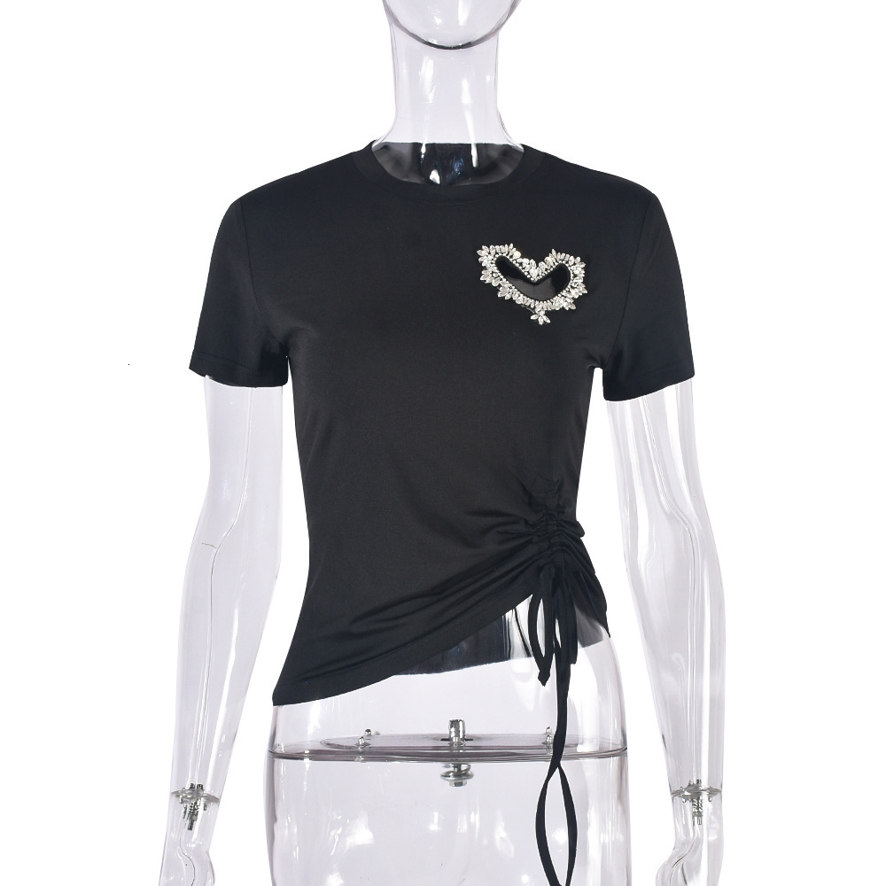 Designer Summer Fashion Trend T-shirt Round Neck Exposed Navel Heart-shaped Hot Print Lace Up Drawstring Solid Color Short Sleeved Women