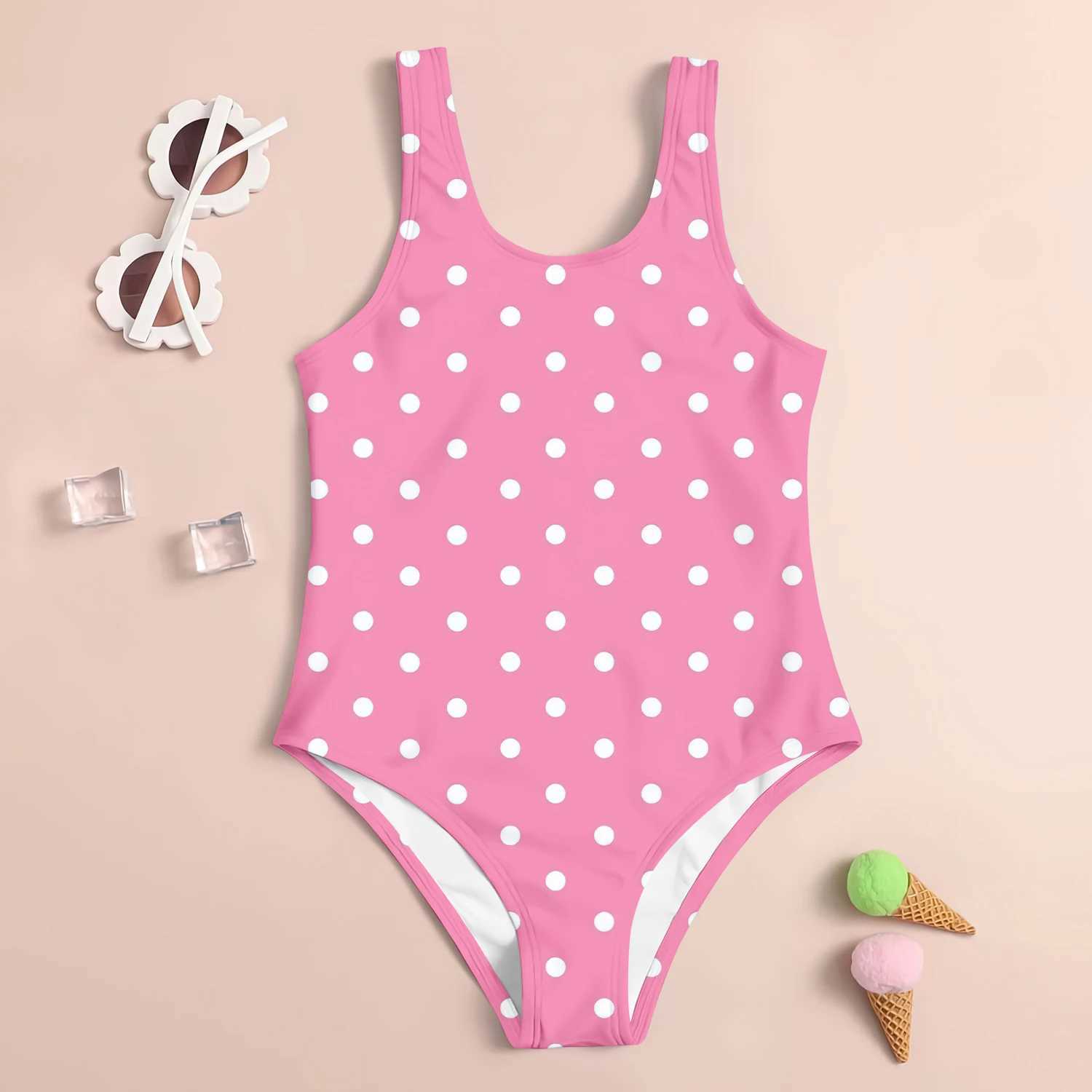 2024 Summer New Childrens Sleeveless Swimsuit Kids Cool Seaside Clothes Cute Polka Dot 3d Printed One-Piece Swimsuit For GirlsXJ250214