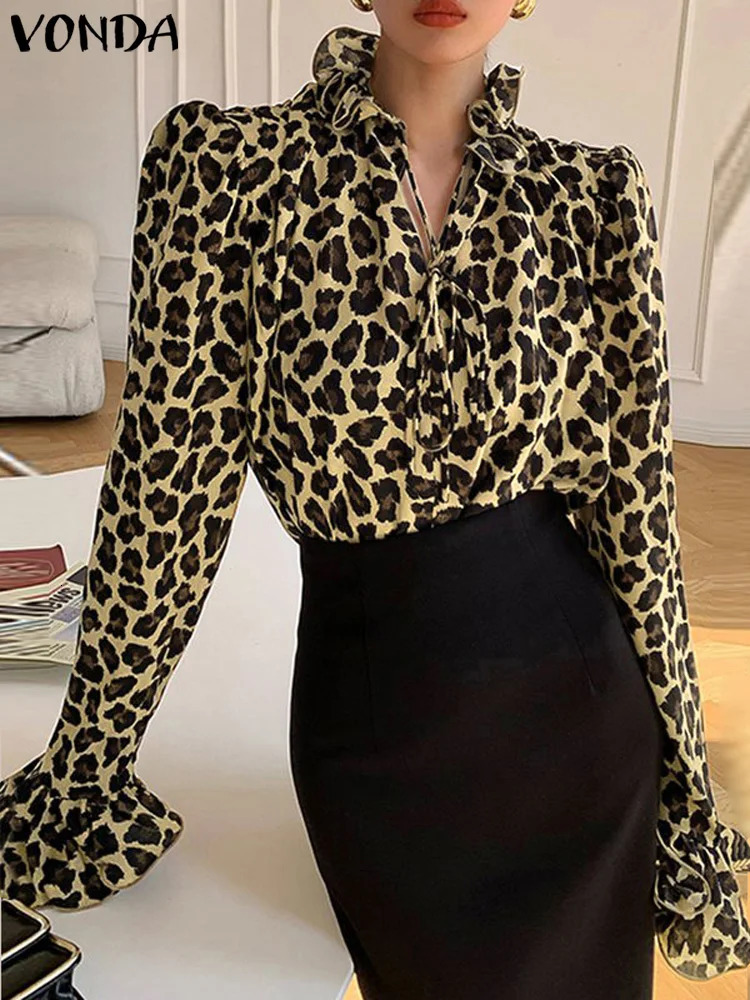 Plus Size 5XL VONDA Women Leopard Blouses Flare Long Sleeve Tops Elegant Pattern Shirts Sexy Fitting Blouses Casual Tunic 250210
