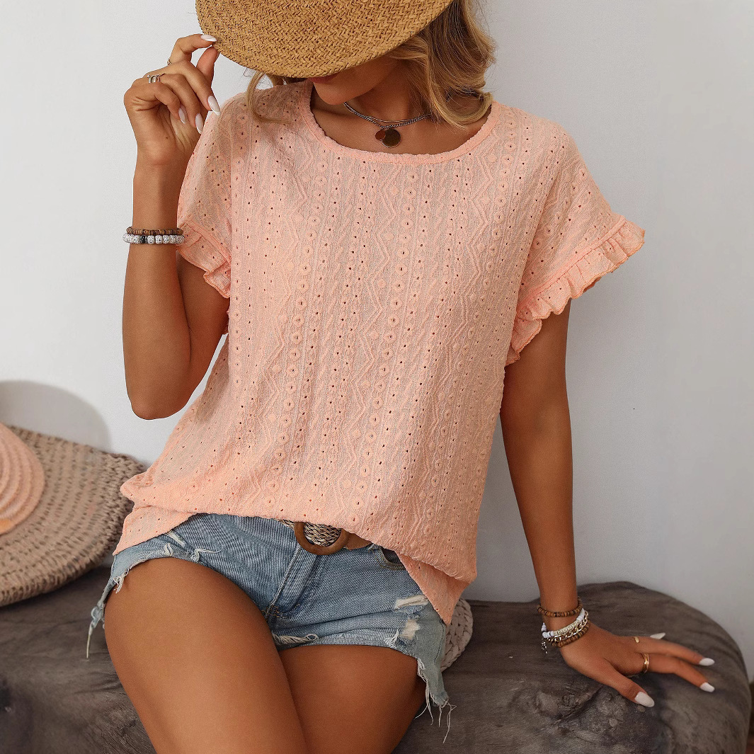 Designer Women Clothing 2025 Spring/summer New Product Solid Color Round Neck Sweet Short Sleeve T-shirt Hollow Top