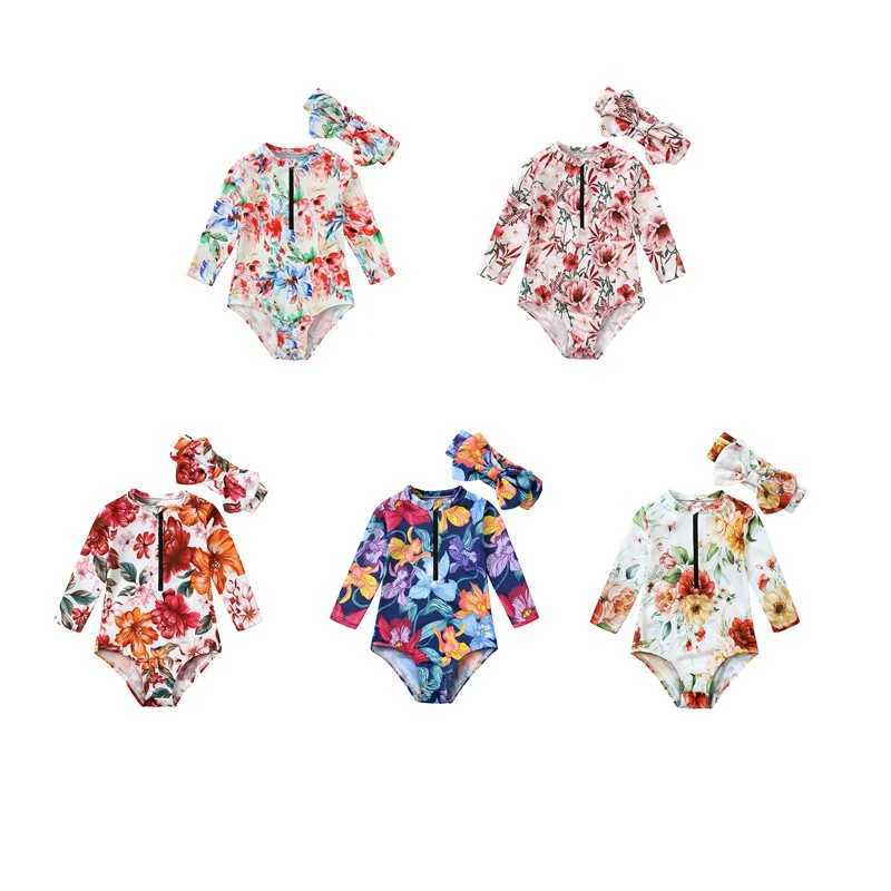 European Kids Swimsuit New Surfing Suit Floral Printed Baby Girls Swimwear Kids One Pieces Bathing Suit Monokini with HeadbandXJ250214