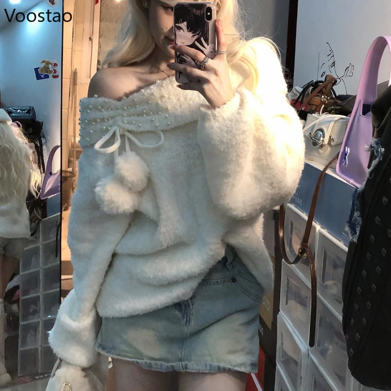 Harajuku Knitted Sweaters Autumn Winter Y2k Off Shoulder Long Sleeves Pearl Plush Ball Sweet Pullovers Women Casual Knitwear Top 250210