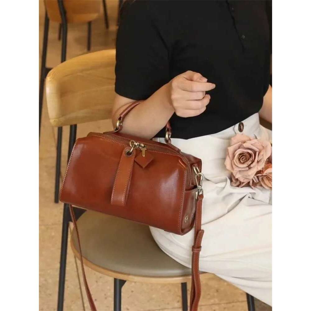 Office Ladies Design Casual Boston Pillow Bag Genuine Leather Handbag Tote Women Vintage Single Shoulder Zipper Genuine Leather