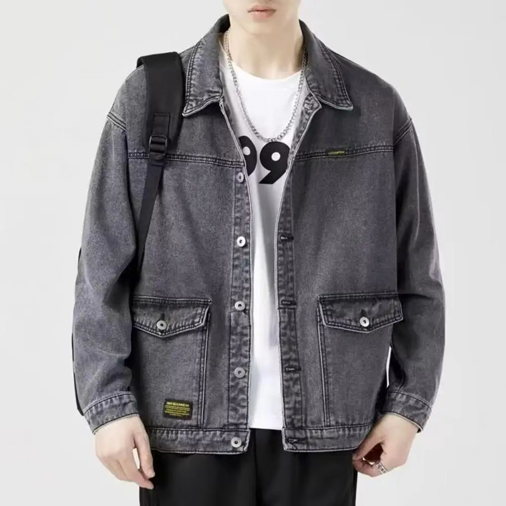 Hidden pocket denim jacket fashionable mens with lapel large buttons spring 250212