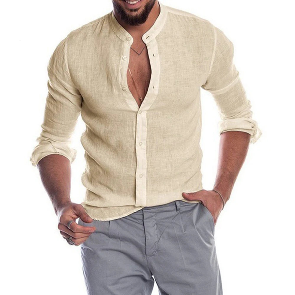 Cotton Linen Mens Long-Sleeved Shirts Summer Solid Color Stand-Up Collar Casual Beach Style Plus Size 250210