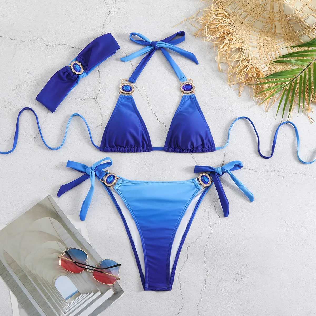 Sexy String Thong Bikinis Set Rhinestones Crystal Patchwork Swimsuit Band 3pcs Women Swimwear Gradient Bathing Suit X250214