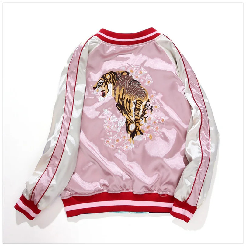 Double Sided Satin Baseball Jacket Women Sukajan Bomber Female Girls y Coat Spring Autumn Pink 250213