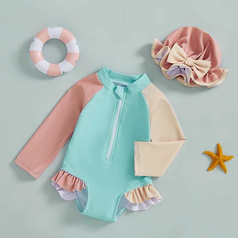 0-24M Newborn Baby Boys Girls Swimwear 5 Colors Kids Swimsuits Patchwork Long Sleeve Zip Up Bathing Suits with Hat BikinisXJ250214