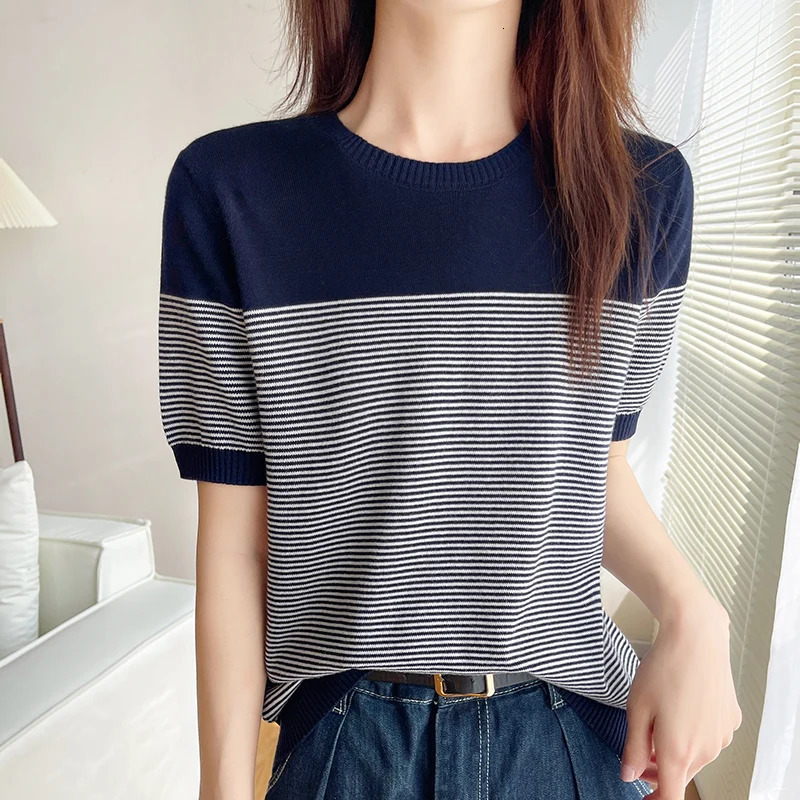 Womens TShirt Summer 100% Cotton Sweater Short Sleeve Striped Knitted Round Neck Ladies Tops Loose Blouse Pullover Tees 250211