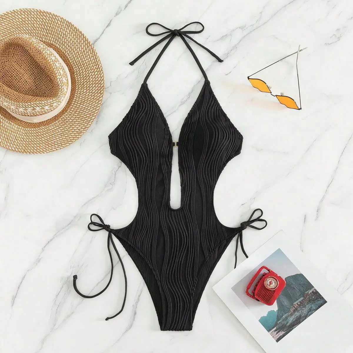 Cikini-Cut Out Tie Side Halter Swimsuit for Women Monochromatic Beach Swimwear Bathing Suit SummerW250214