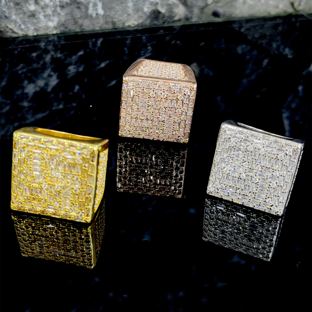 Hip Hop Cool Men Big Square Casting Ring TopBling T Zircon 18K Real Gold Plated Finger Ring
