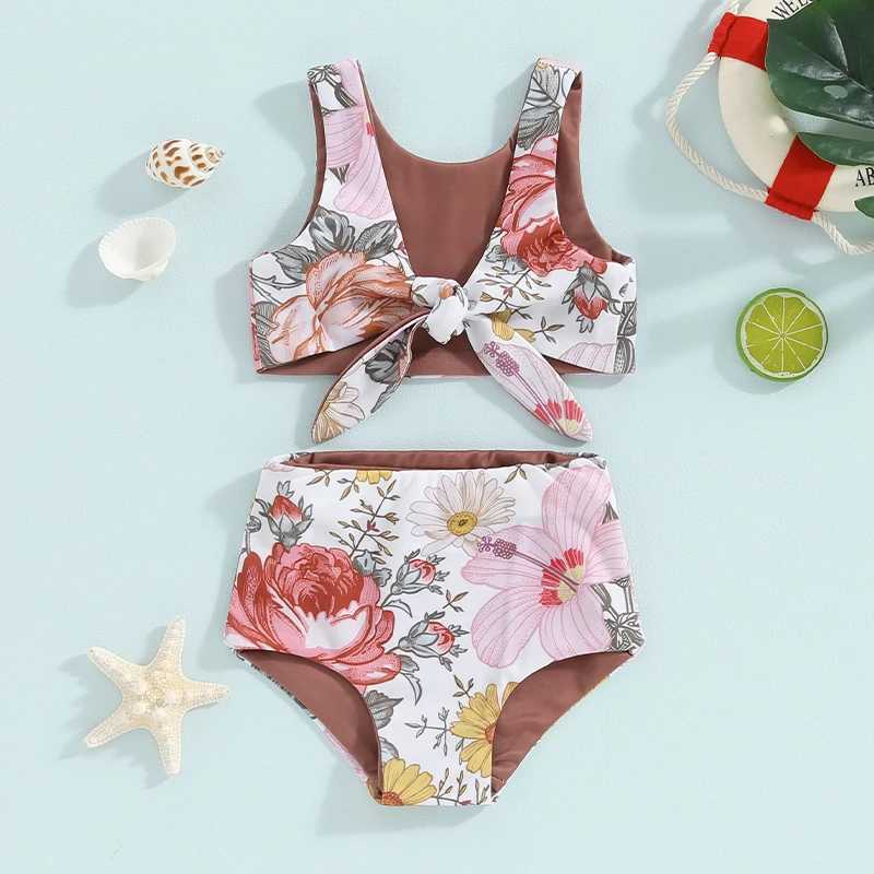Kids Girl Two Piece Swimsuits Summer Striped/Floral Print Knotted Tankini and Elastic Shorts Set Bikini Bathing SuitsXJ250214