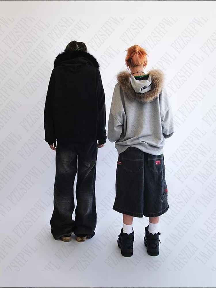 Plush lining solid color pattern Hoodie casual chic Y2K top rock fashion street retro grunge punk hip hop Harajuku couple 250213