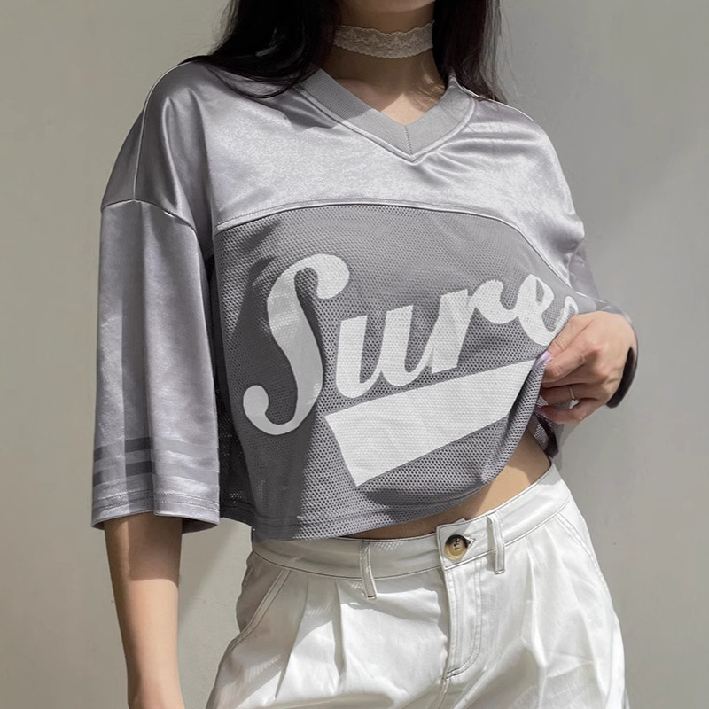 Designer Fashion Trend 2025 Best-selling Letter Printed Pullover With Mesh Patchwork Five Quarter Sleeve T-shirt V-neck Women's Sports Top