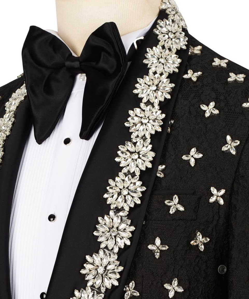 Noble Wedding Tuxedos Rhinestone Beaded Men Suits Shawl Lapel 3 Piece Set Jacket Vest Pants Handsome Groom Blazers Customized