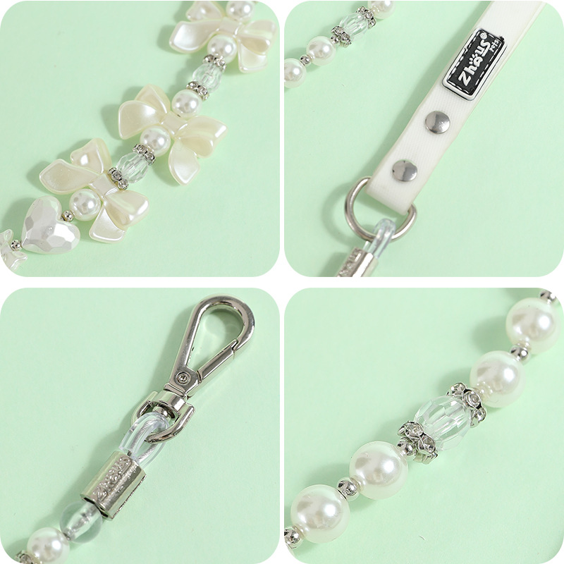 Fashion Pearl Dog Collar with Colorful Zircon Decoration,Collar Leash Set for Cat Dog, Cat Princess Neck Decoration, Adjustable Pet Collar for Small M